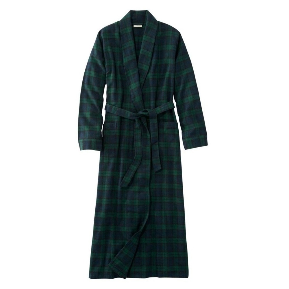 LL Bean Mens Scotch Plaid Flannel Robe Black Watch Tartan Green Blue Small Reg
